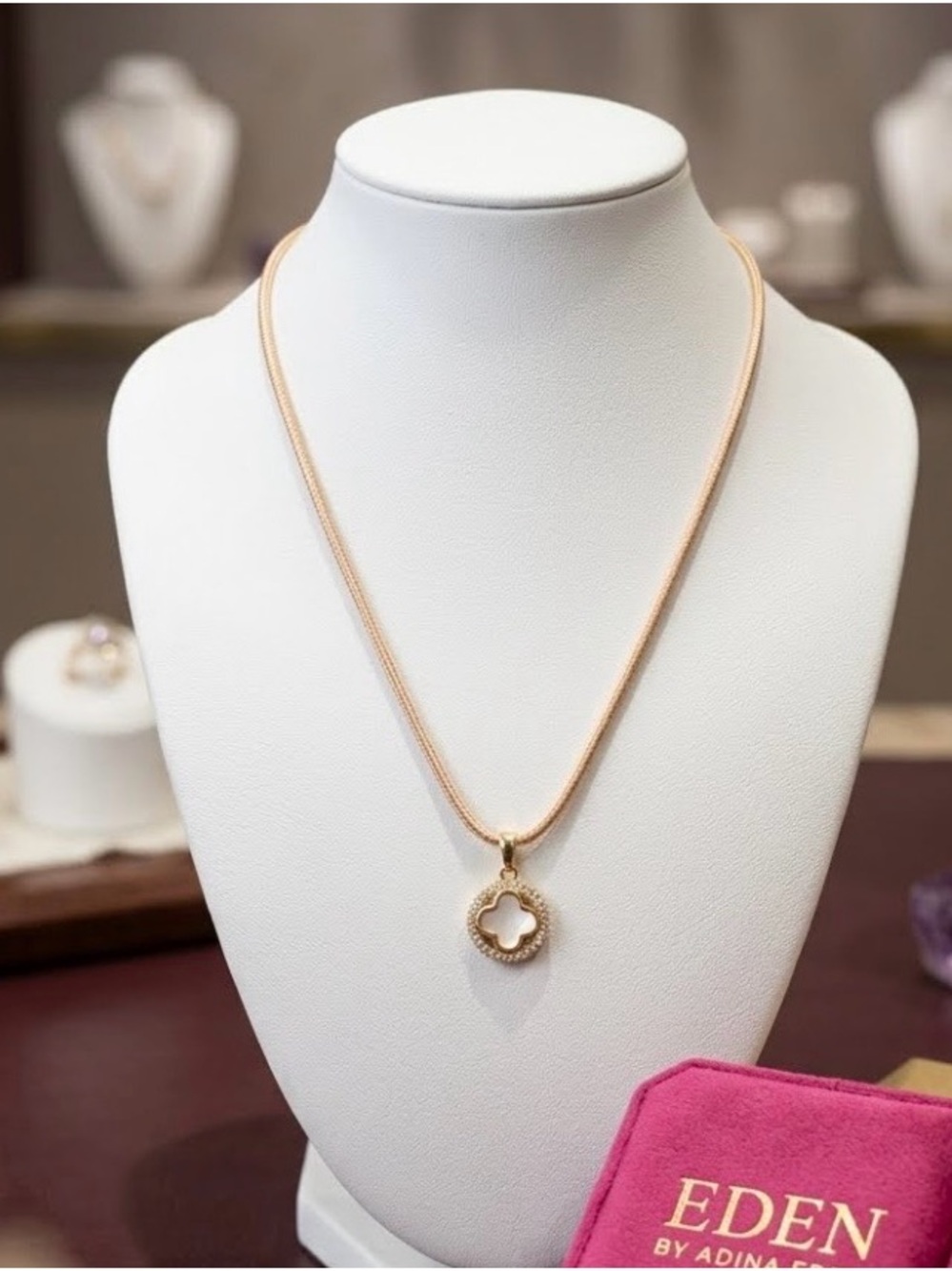 Adina Eden Pave CZ &  Gold Plated Clover Pendant & Rose Gold Waxed Leather Cord